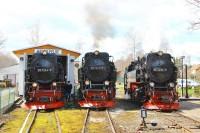 „Lokparade“ im Bf Hasselfelde mit den „Brockenloks“ 99 7244 (z-gestellt); in Pflege durch Arbeitsgruppe Lokbahnhof Hasselfelde der IG HSB), 99 7243 und 99 7234 am 18.04.2015 (1)