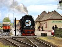 Der Sonderzug nach Stiege steht im Bf Gernrode abfahrbereit und wird vom Regelzug 8957 (Triebwagen 187 011 überholt.