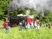 Sonderzug der Teddybärfahrt des FKS beim Fotohalt zwischen Sternhaus Haferfeld und Sternhaus Ramberg